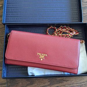 PRADA Red Saffiano Leather Wallet On Chain Crossbody Bag 100% AUTH